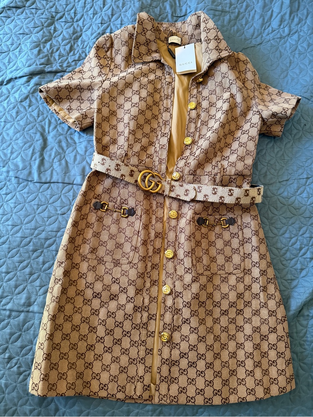 Gucci Monogram Short Sleeve Belted Dress in Beige RUN SMAll